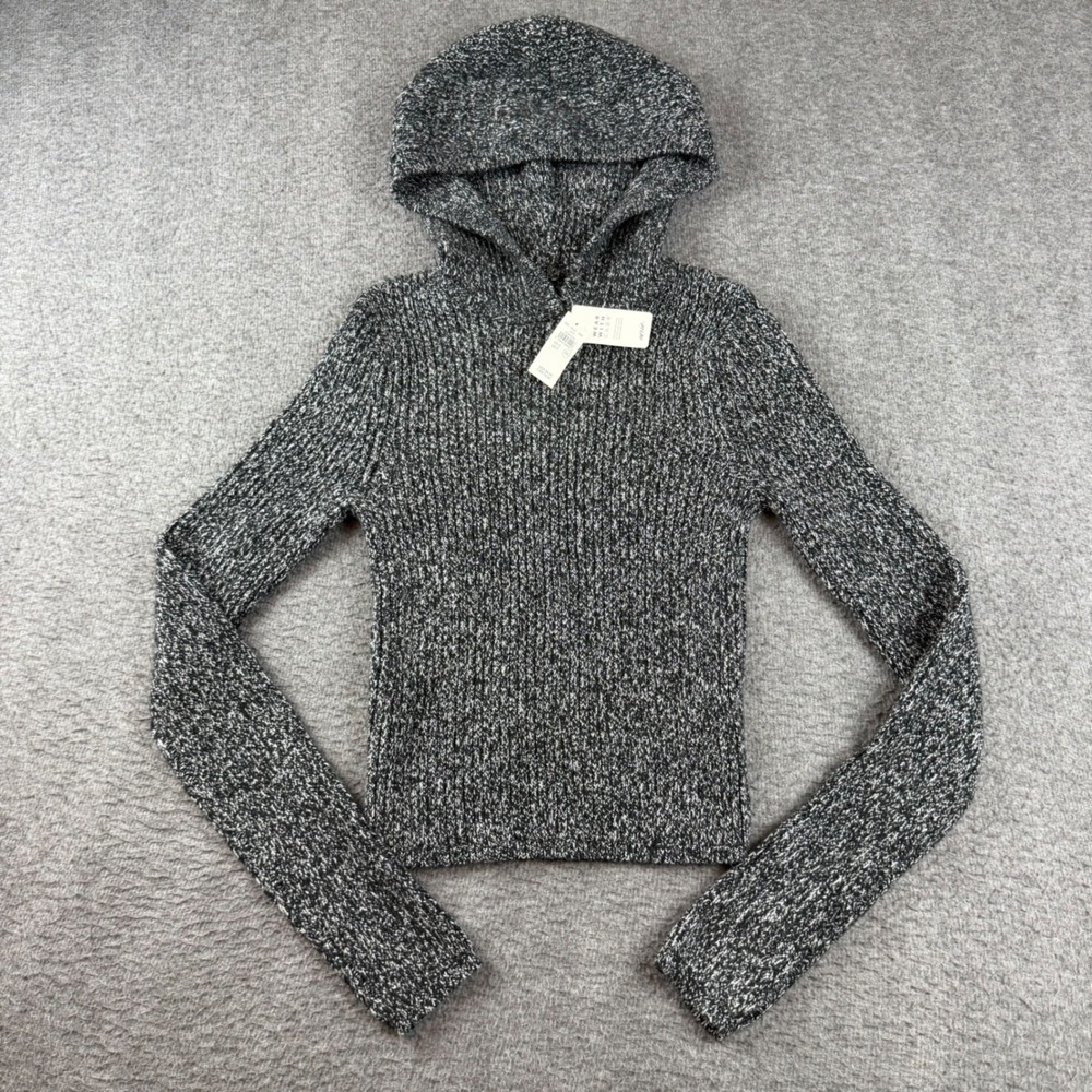 Aerie Hooded Sweater Women's S Black White Marled Ribbed Knit Pullover